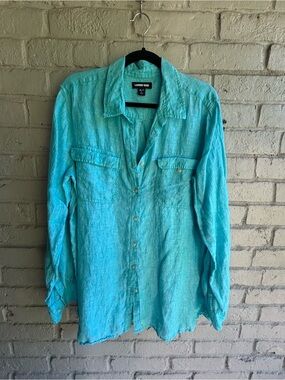 Lands' End Aqua Button-Up Linen Shirt EUC Sz XL/T